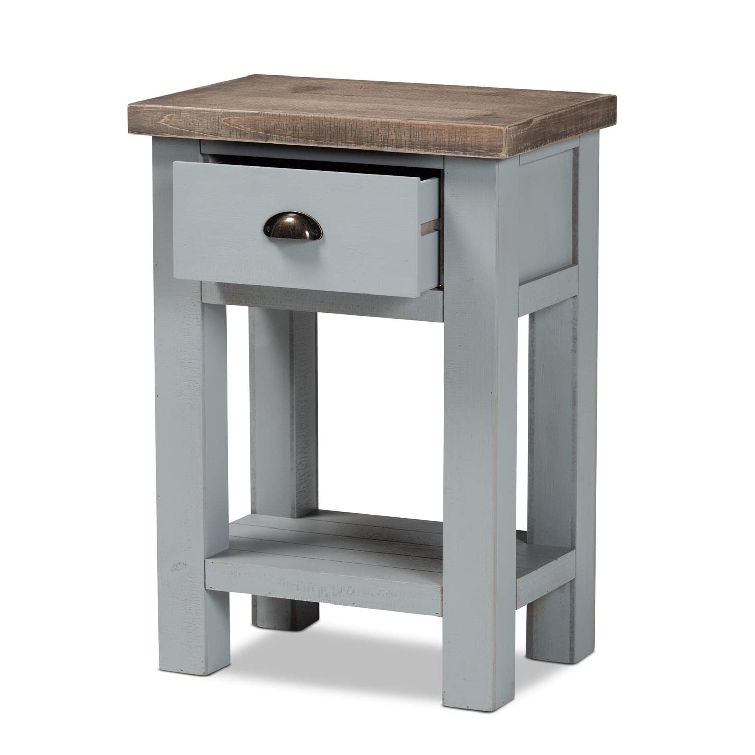 Baxton Studio Hastin Classic and Traditional Two-Tone Grey and Antique Brown Finished Wood 1-Drawer Nightstand